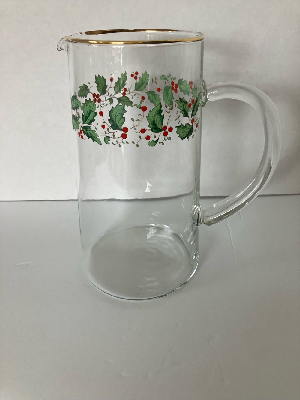 Libby Glass Holiday Holly Pitcher with Gold Trim
